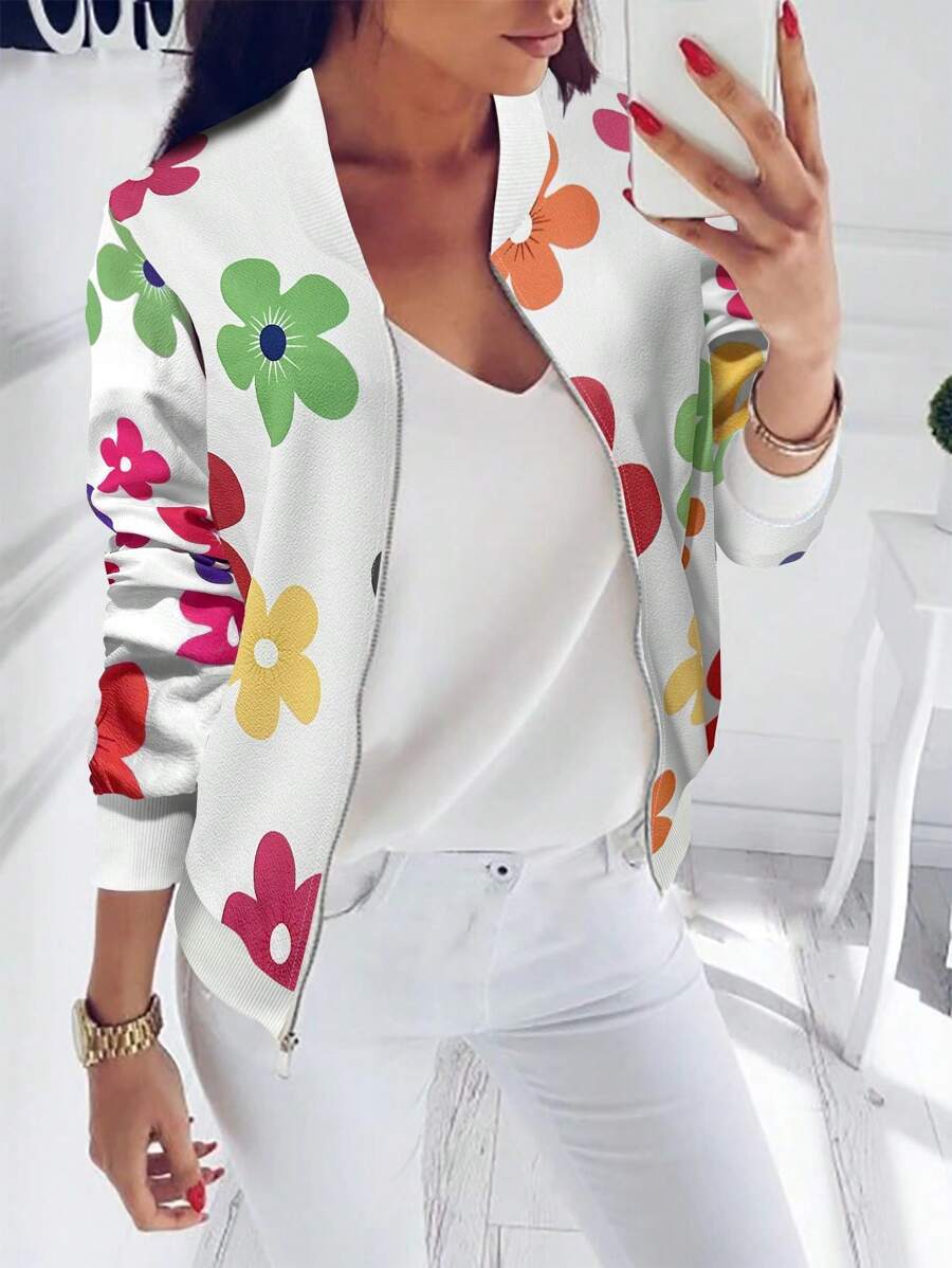 Violet Floral Print Bomber-Style Jacket