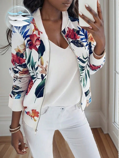Violet Floral Print Bomber-Style Jacket