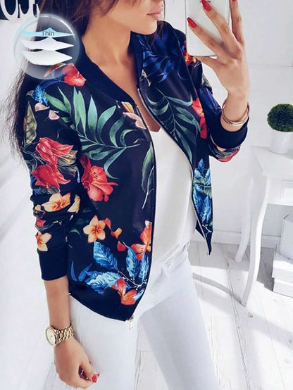 Violet Floral Print Bomber-Style Jacket