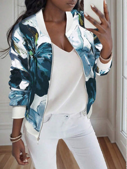 Violet Floral Print Bomber-Style Jacket