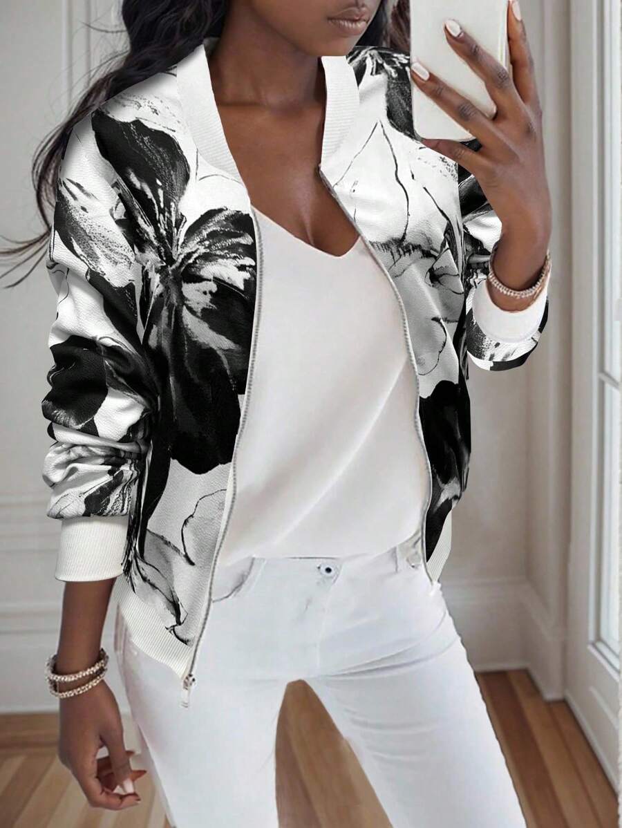 Violet Floral Print Bomber-Style Jacket