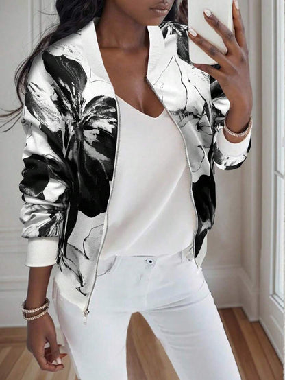 Violet Floral Print Bomber-Style Jacket