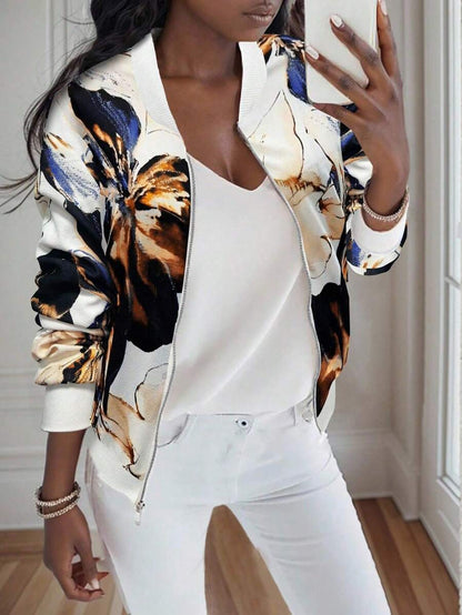Violet Floral Print Bomber-Style Jacket