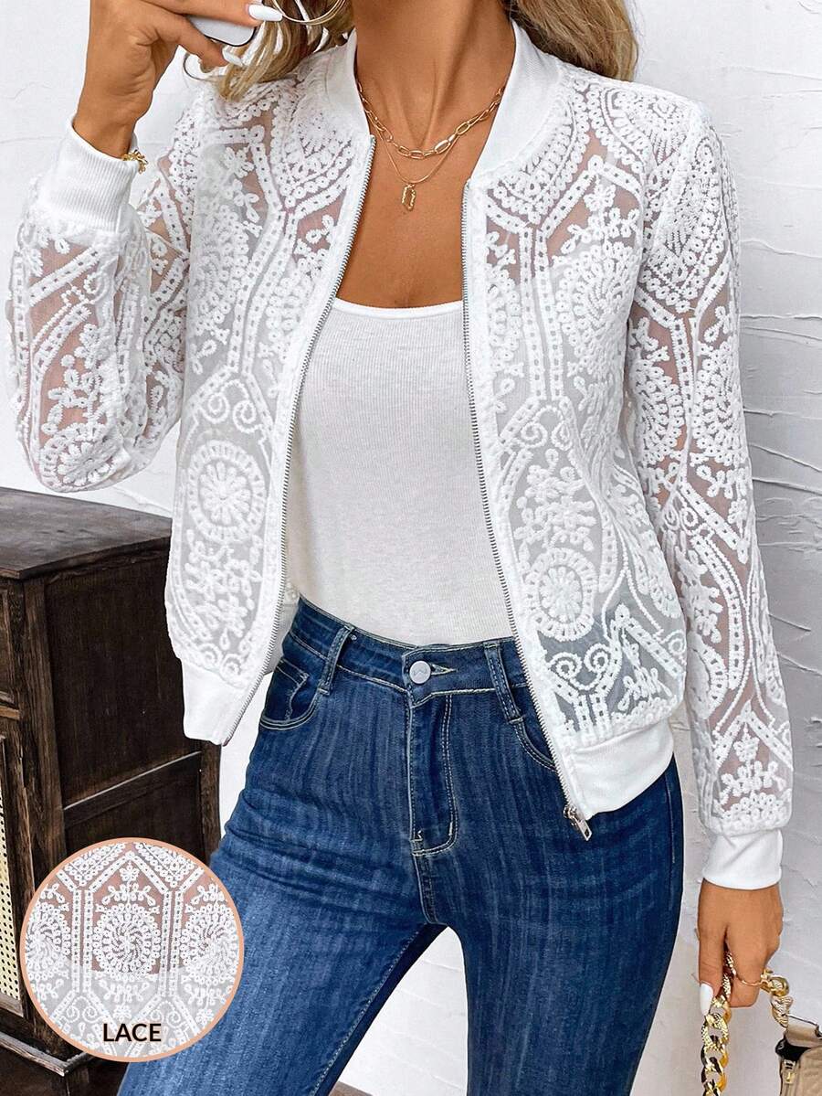 Audrey Intricate Lace Tatting Bomber Jacket