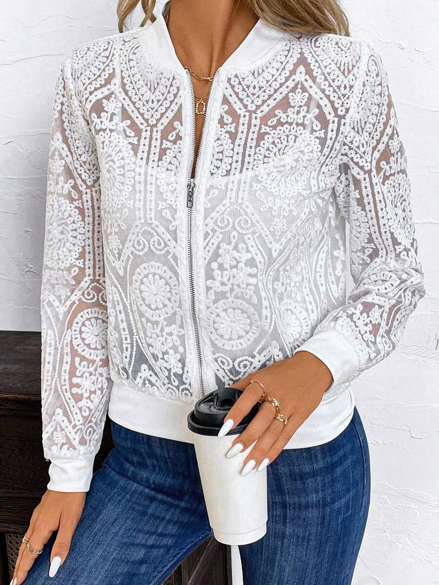 Audrey Intricate Lace Tatting Bomber Jacket