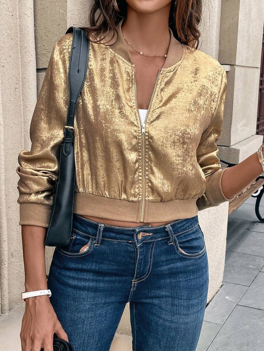 Leah Metallic Bomber-Style Zip Jacket