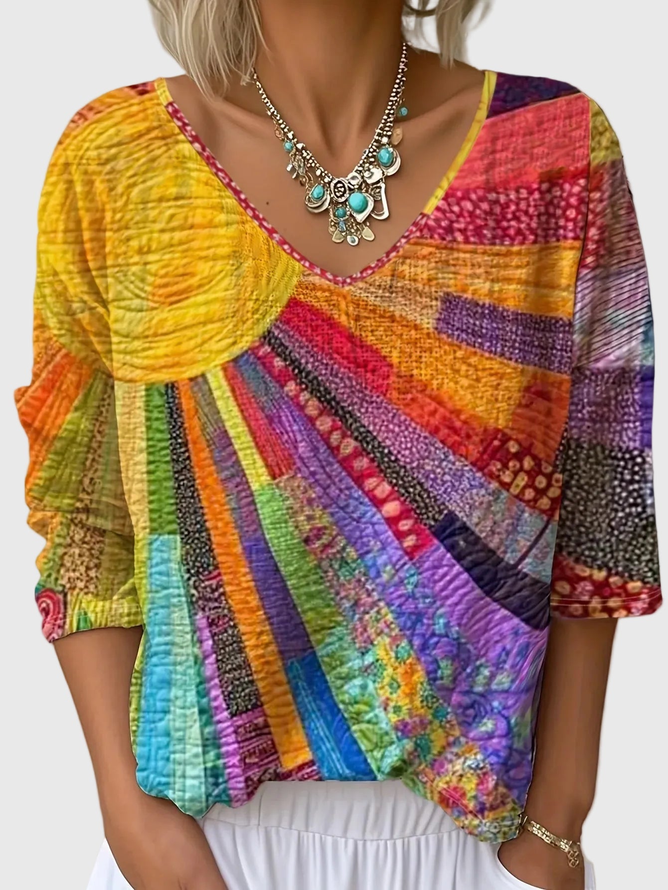 Lucy Abstract Mosaic Tatting V-Neck Top