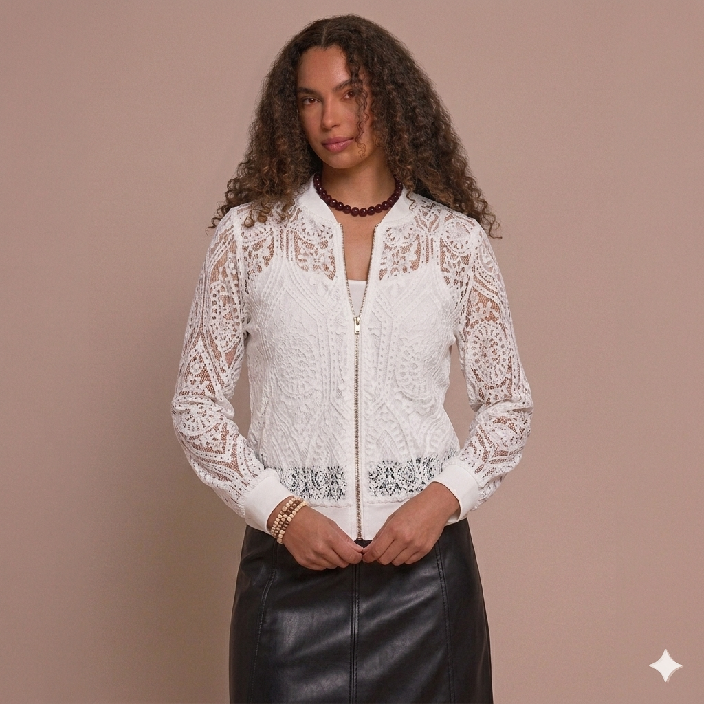 Audrey Intricate Lace Tatting Bomber Jacket