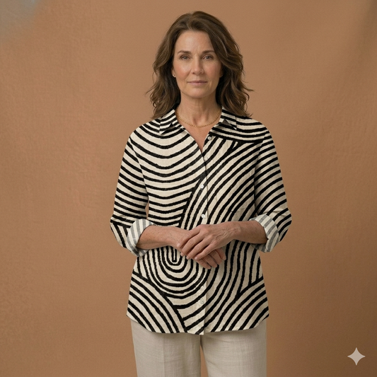 Kinsley Abstract Wave Print Button-Down Blouse
