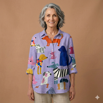 Skylar Playful Artsy Dog Print Knit Blouse