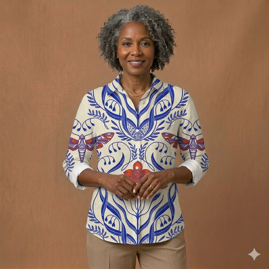 Allison Symmetrical Botanical Print Popover Blouse