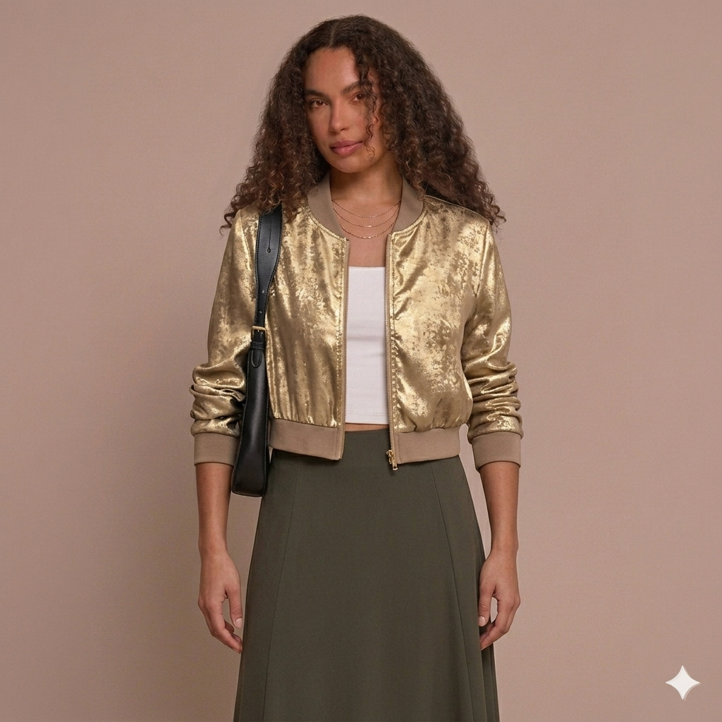 Leah Metallic Bomber-Style Zip Jacket