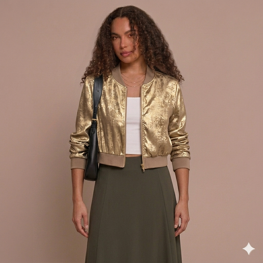 Leah Metallic Bomber-Style Zip Jacket