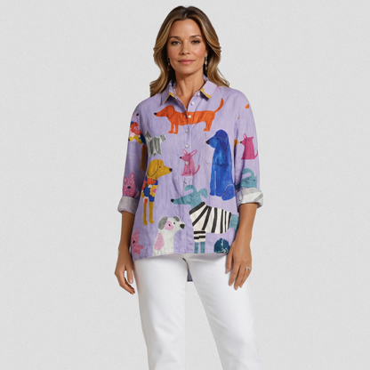 Skylar Playful Artsy Dog Print Knit Blouse