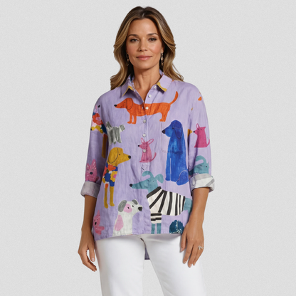 Skylar Playful Artsy Dog Print Knit Blouse