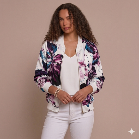 Violet Floral Print Bomber-Style Jacket